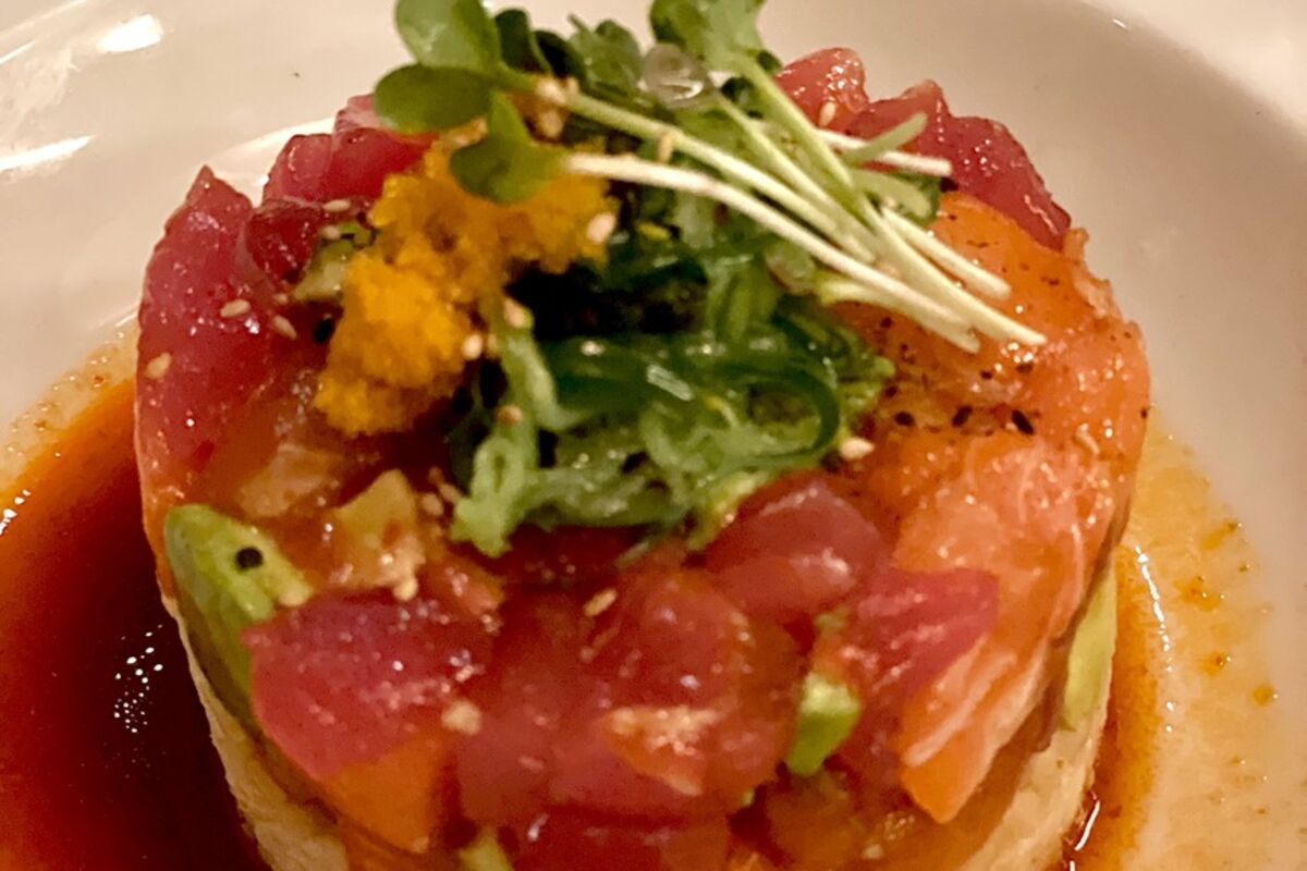 A tower of ahi tuna salmon poke from Ocean Prime Beverly Hills restaurant.