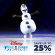 The snowman from Disney's Frozen is ice skating and a message for a 25% discount is below him.