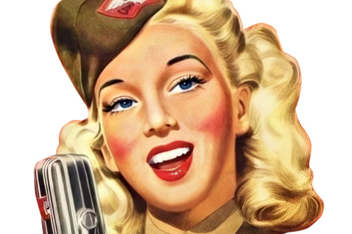 1940s pin up girl with USO uniform on singing into microphone.